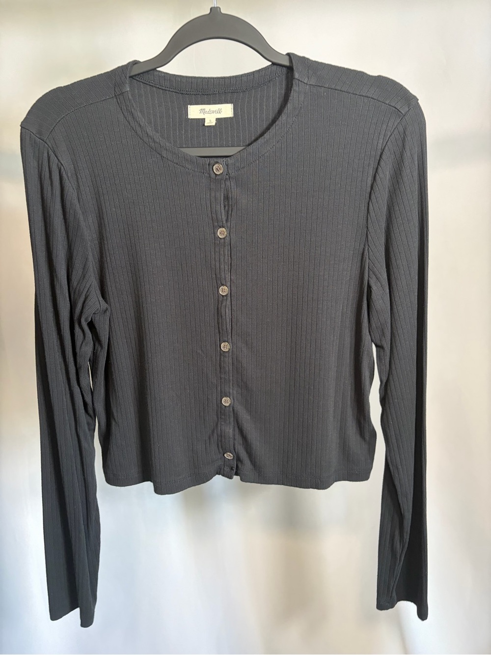 Madewell Black Ribbed Cropped Button Front Cardigan Top – Size L